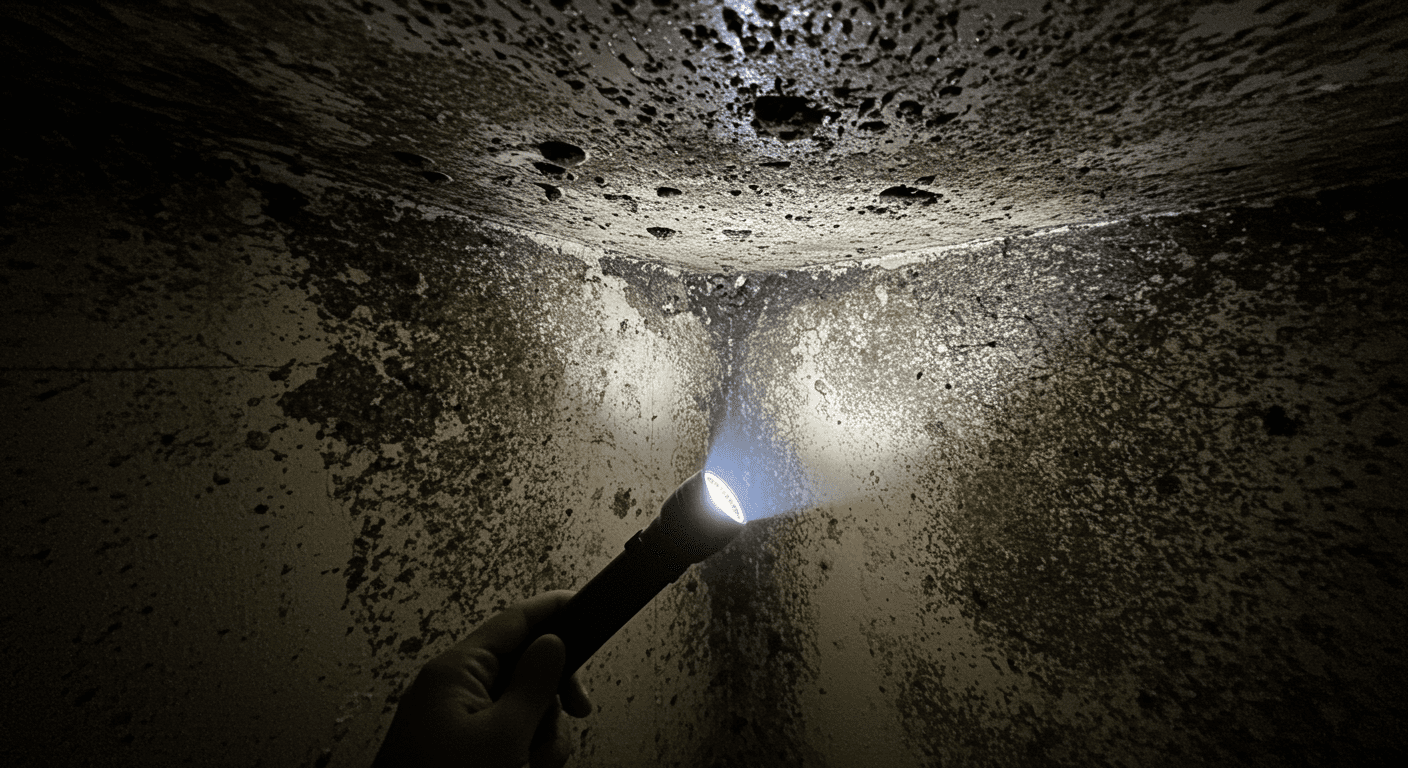 An image showing a damp corner of a room with visible black mold growth on the wall and ceiling. A flashlight is illuminating the mold, highlighting its presence.