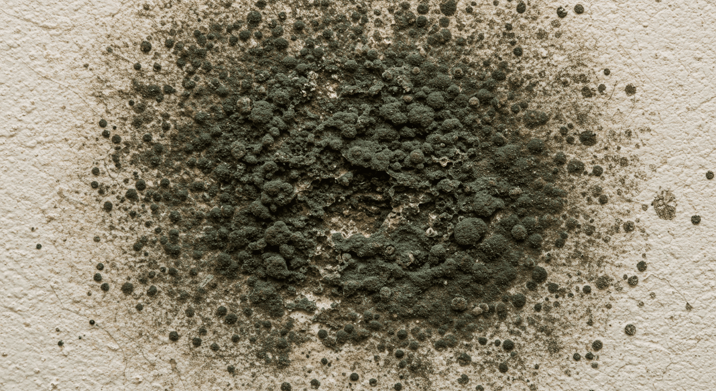 A close-up view of mold growth on a wall, showcasing the dark green and black spots that indicate severe mold damage. The image captures the texture of the mold and the surrounding wall, emphasizing the urgency of remediation.