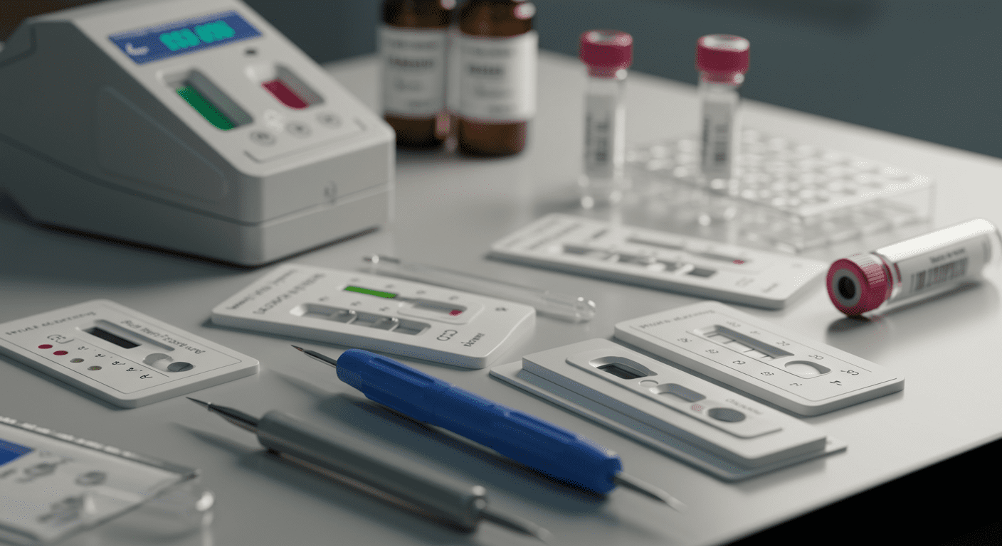 A close-up of professional mold testing equipment laid out on a table, with samples and testing kits visible.